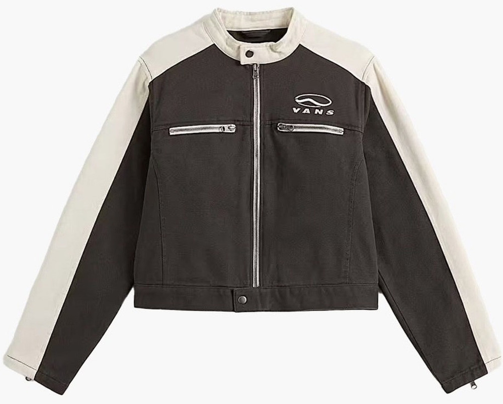Vans Ryden Biker Jacket Women XS Gray White Full Zip Embroidered Logo New